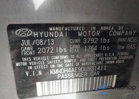 2013 Hyundai Elantra Gls from USA, damaged, VIN KMHDH4AE9DU931411